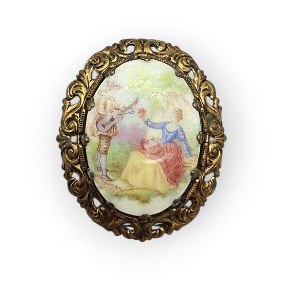 1950s Western Germany Hand-Painted Courting Scene Brooch - Picture 3 of 6